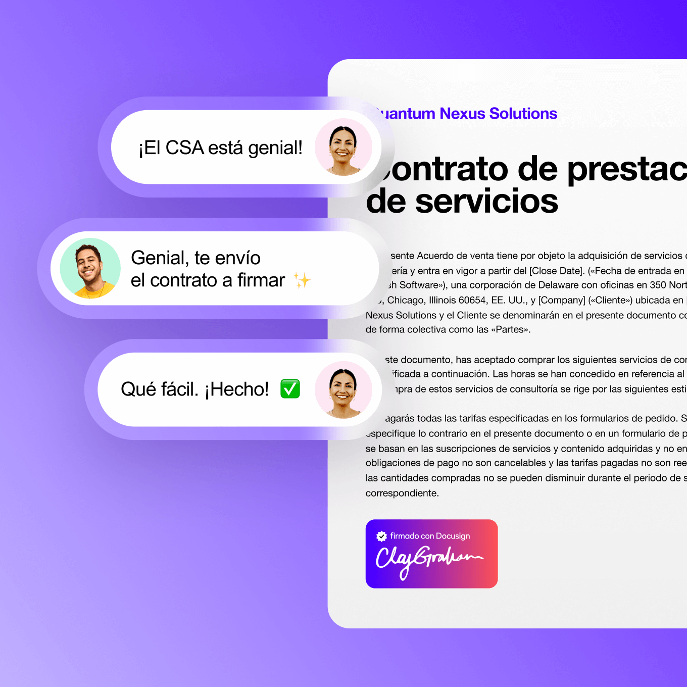 La imagen de la interfaz de usuario de Docusign IAM para ventas muestra a personas discutiendo la firma de un contrato de servicios para clientes.