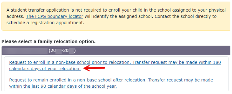 Student Transfer - Select the first option to "Request to enroll in a non-base school prior to relocation."