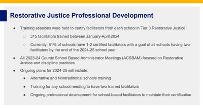 School Board meeting slide on restorative justice professional development.