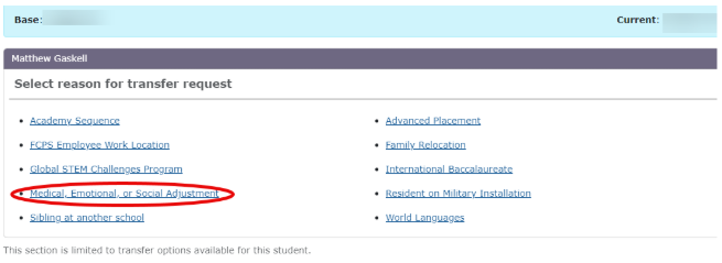 Student Transfer - select reason