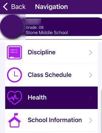 ParentVUE Mobile App Health Navigation Screen