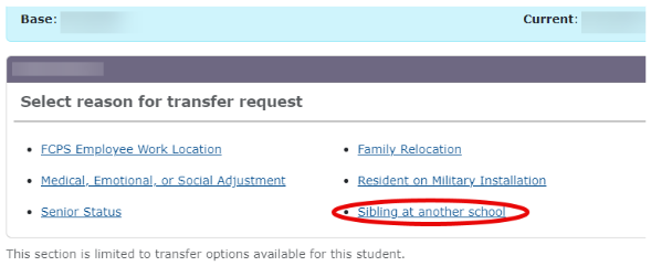 Student Transfer - Select “Sibling at another school” as the reason