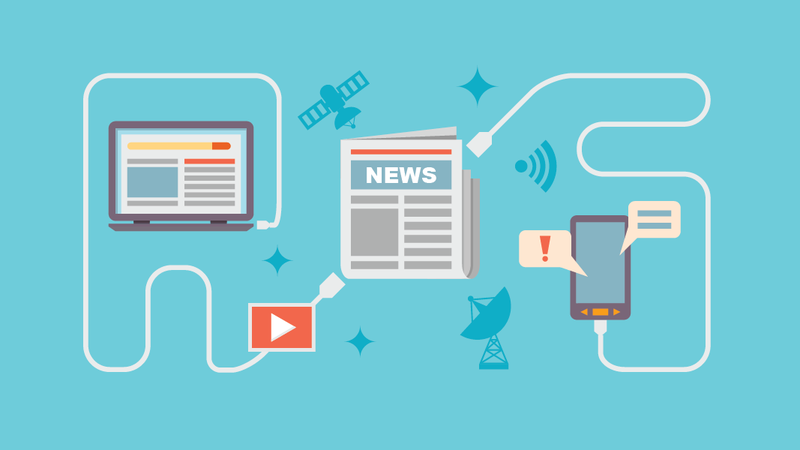 News graphic with light blue background and images of news on a monitor, newspaper, and phone.