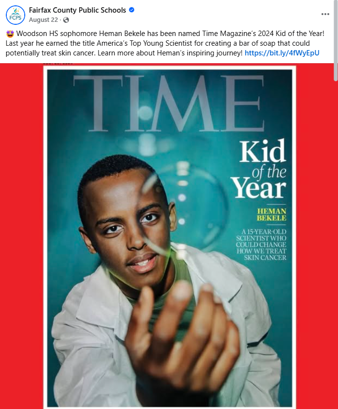 Screenshot of a facebook post of the cover of Time magazine announcing Kid of the year