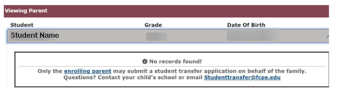 Student Transfer application parent viewing tab