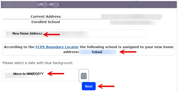 Student Transfer - Enter the address and enter the move in date