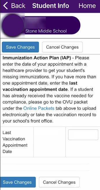 ParentVUE Mobiel App Immunization Action Plan Page