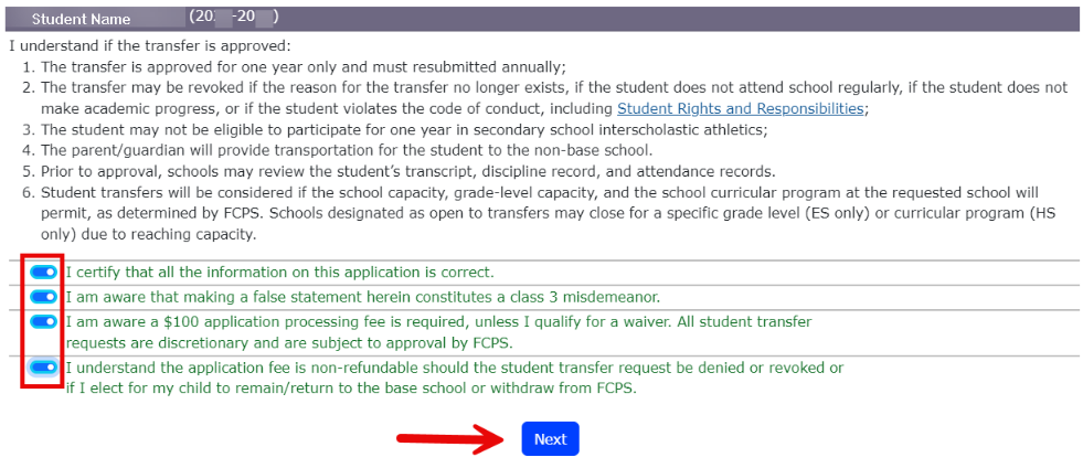 Student Transfer application  Letter of Understanding