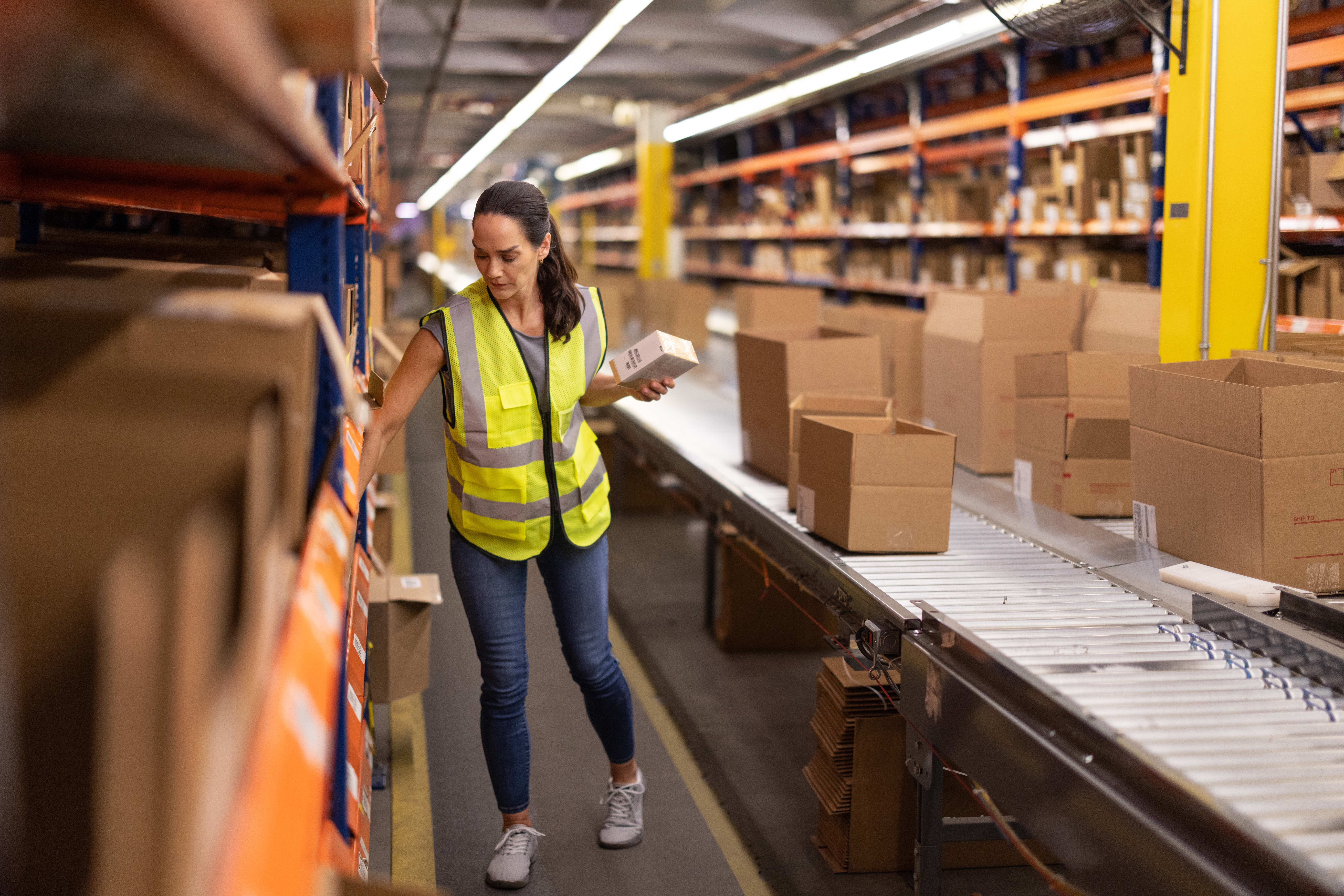 Warehouse worker taking items from a shelf