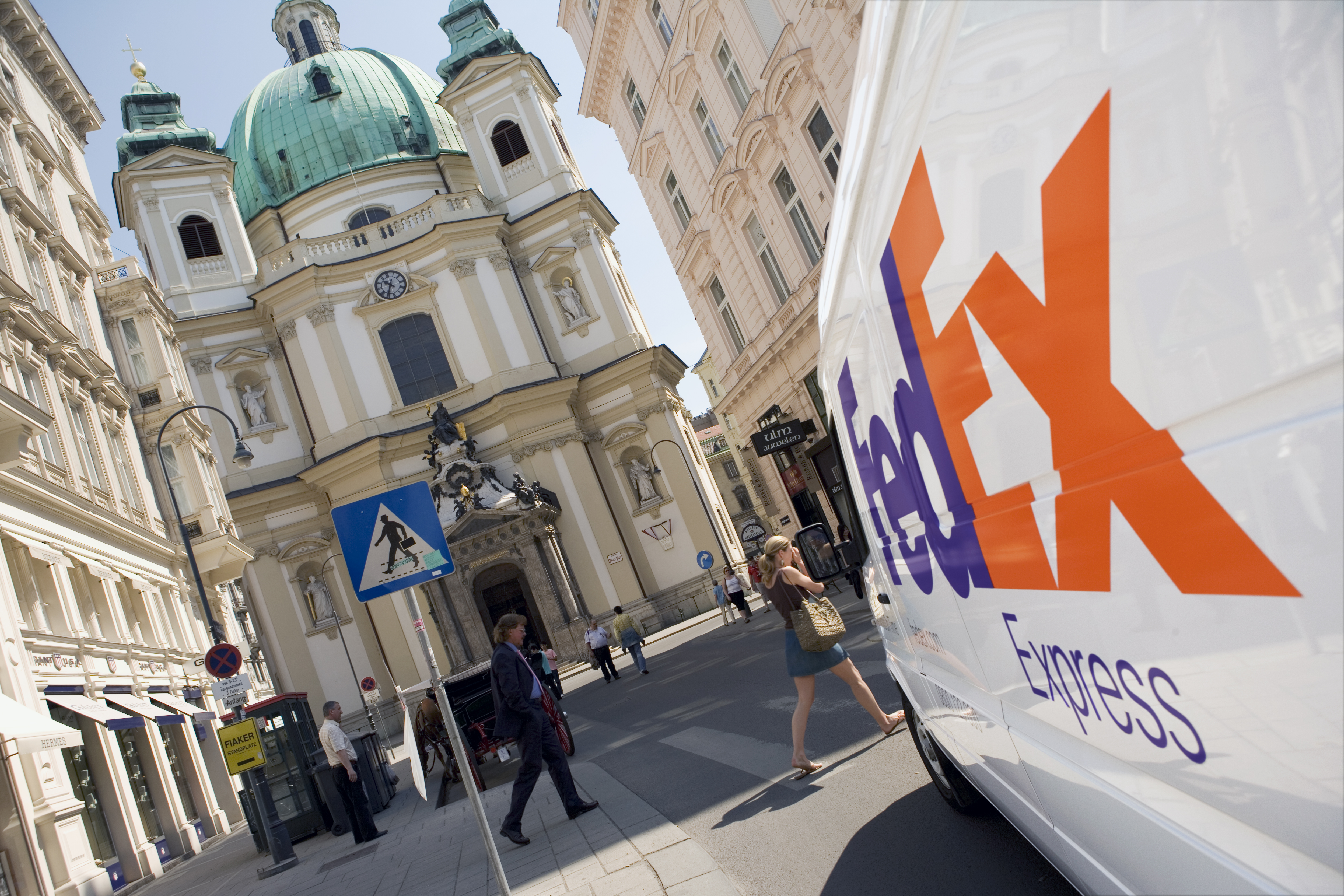 A FedEx van on the street in Vienna