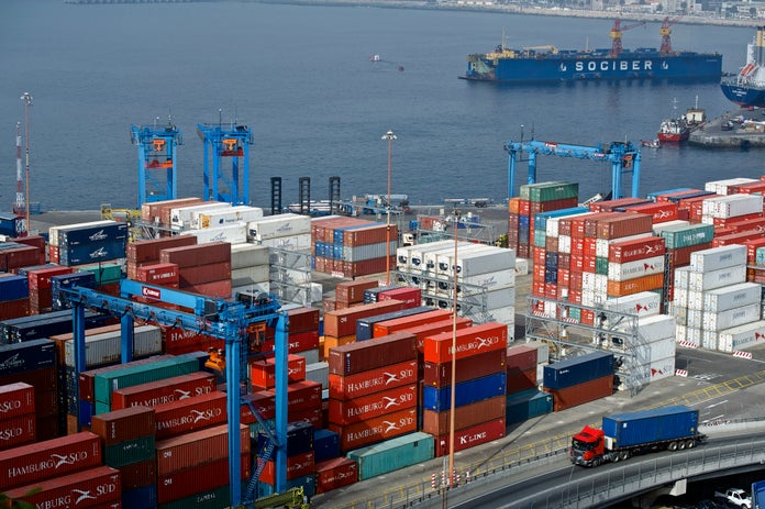 Shipping containers await transport