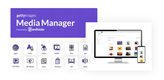 Getty Images Media Manager logo and mock Brandfolder on desktop