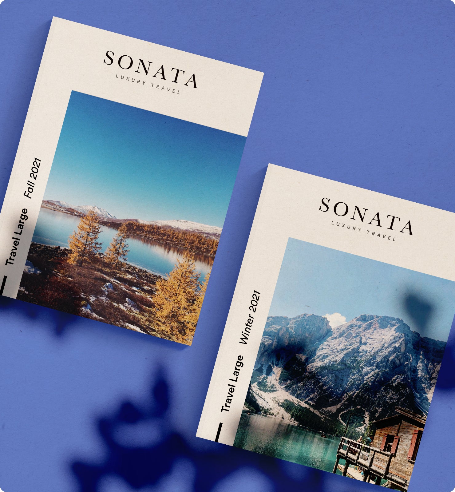 two Sonata Luxury Travel printed catalogs with outdoor scenes on the covers