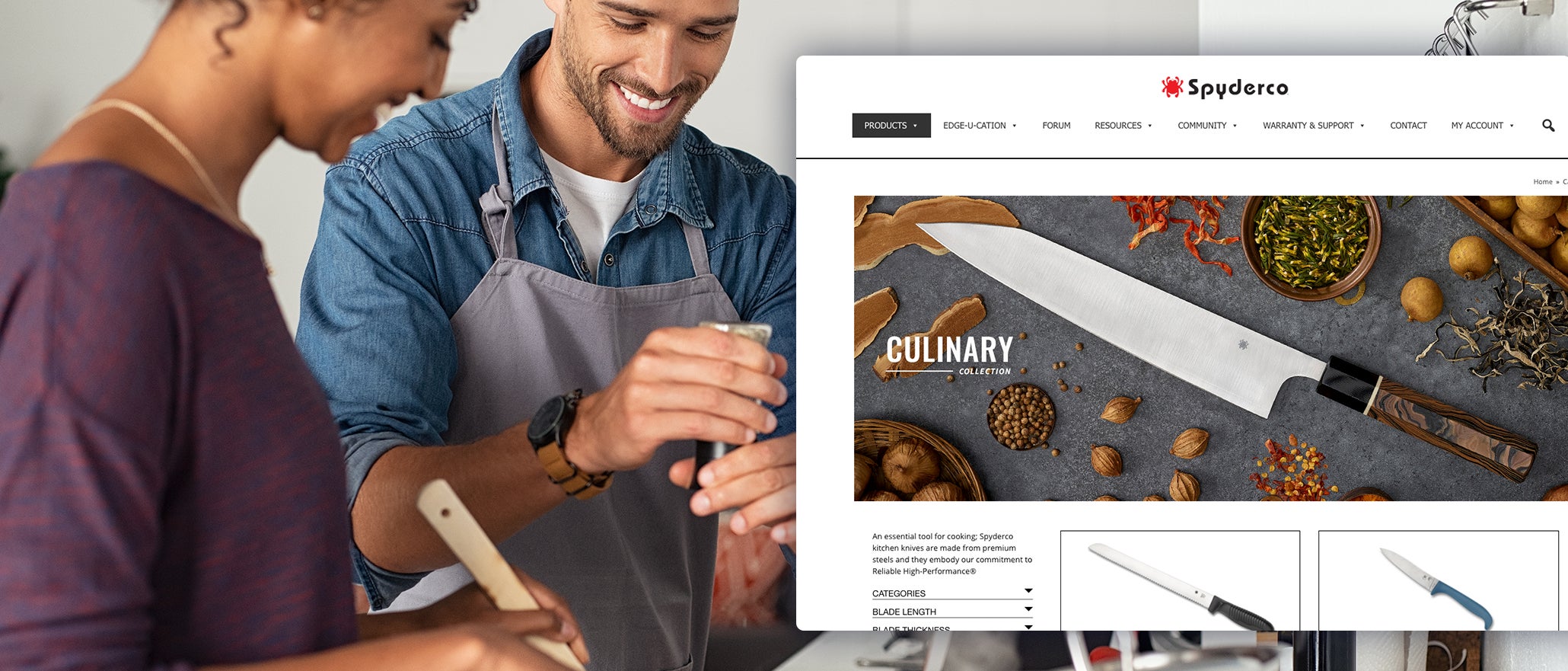 screenshot of Spyderco website and two people cooking