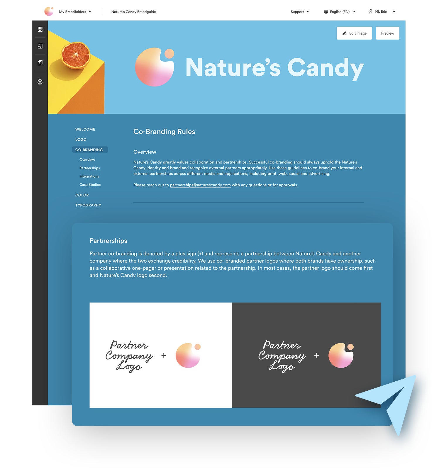 A mock Nature's Candy Brandguide with a Partnerships section