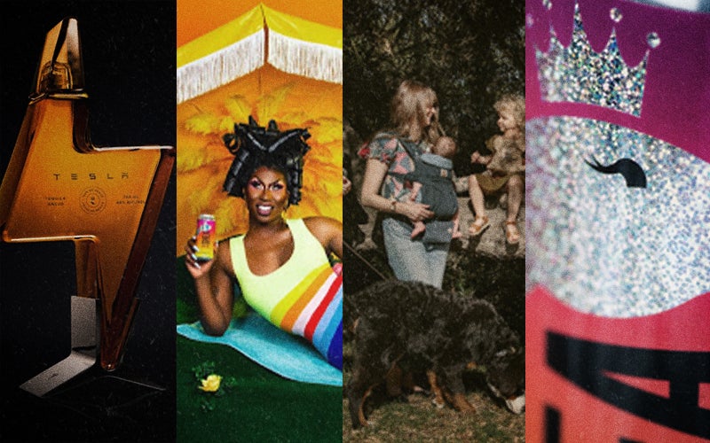 Images of collaborations: Tesla Tequila bottle, Shea Couleé Beer, and Floral Ergobaby Carrier 