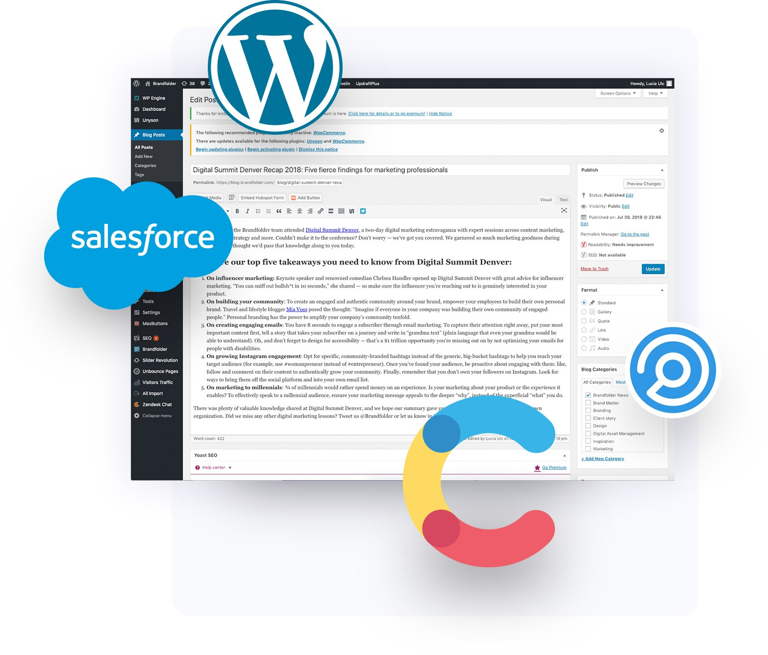 Wordpress inteface surrounded by integration icons