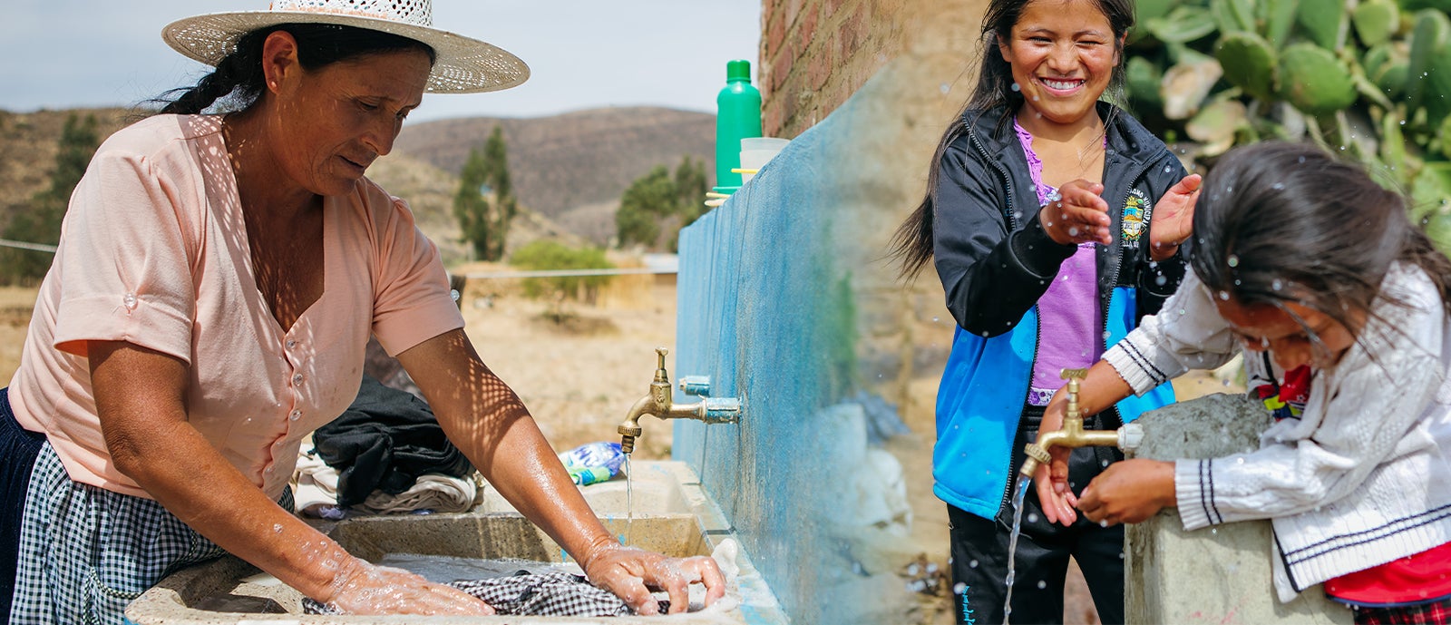 collage of a woman washing clothes at an outdoor sink and young girls playing at a water spout