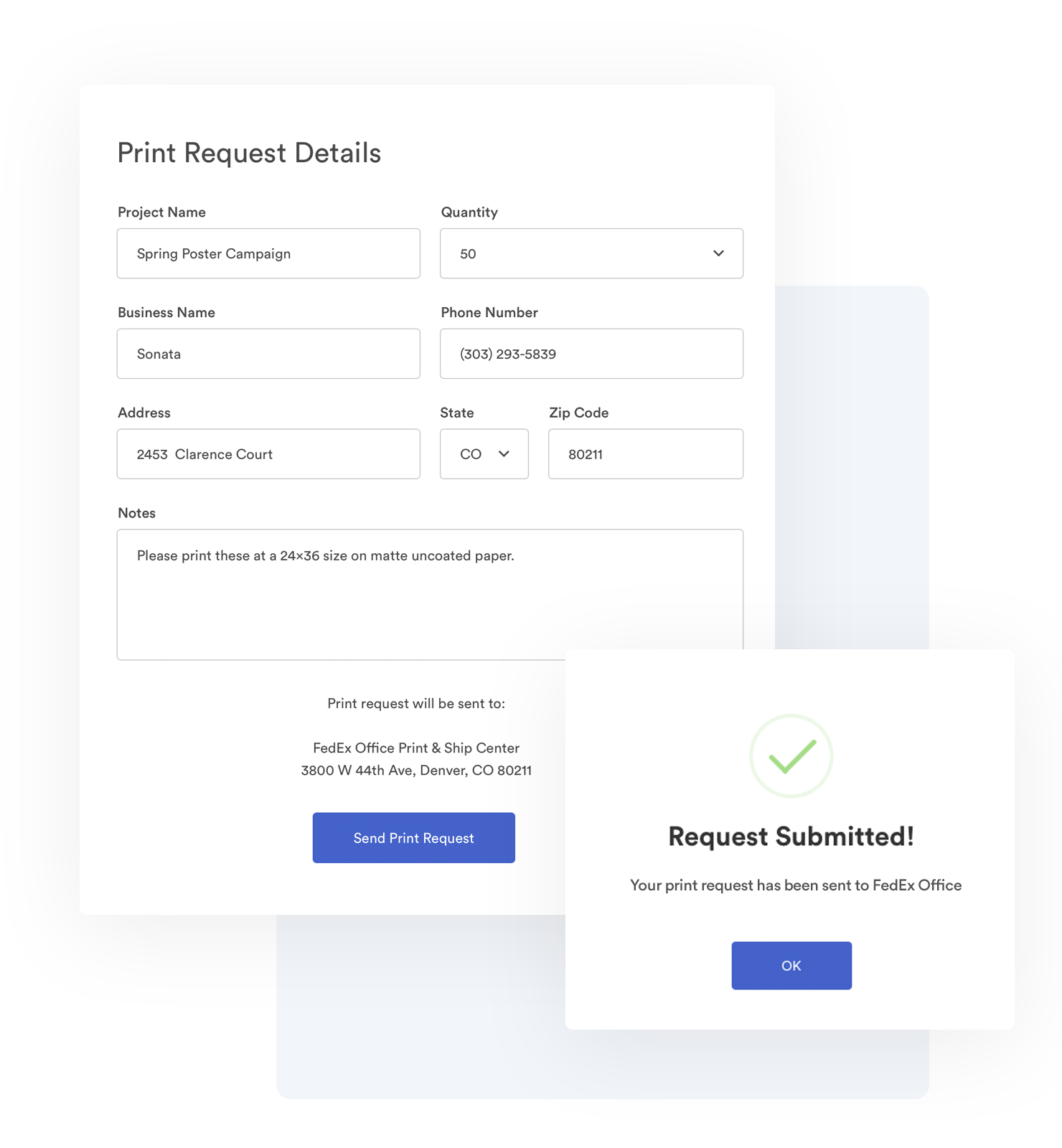 a screenshot showing a print request form