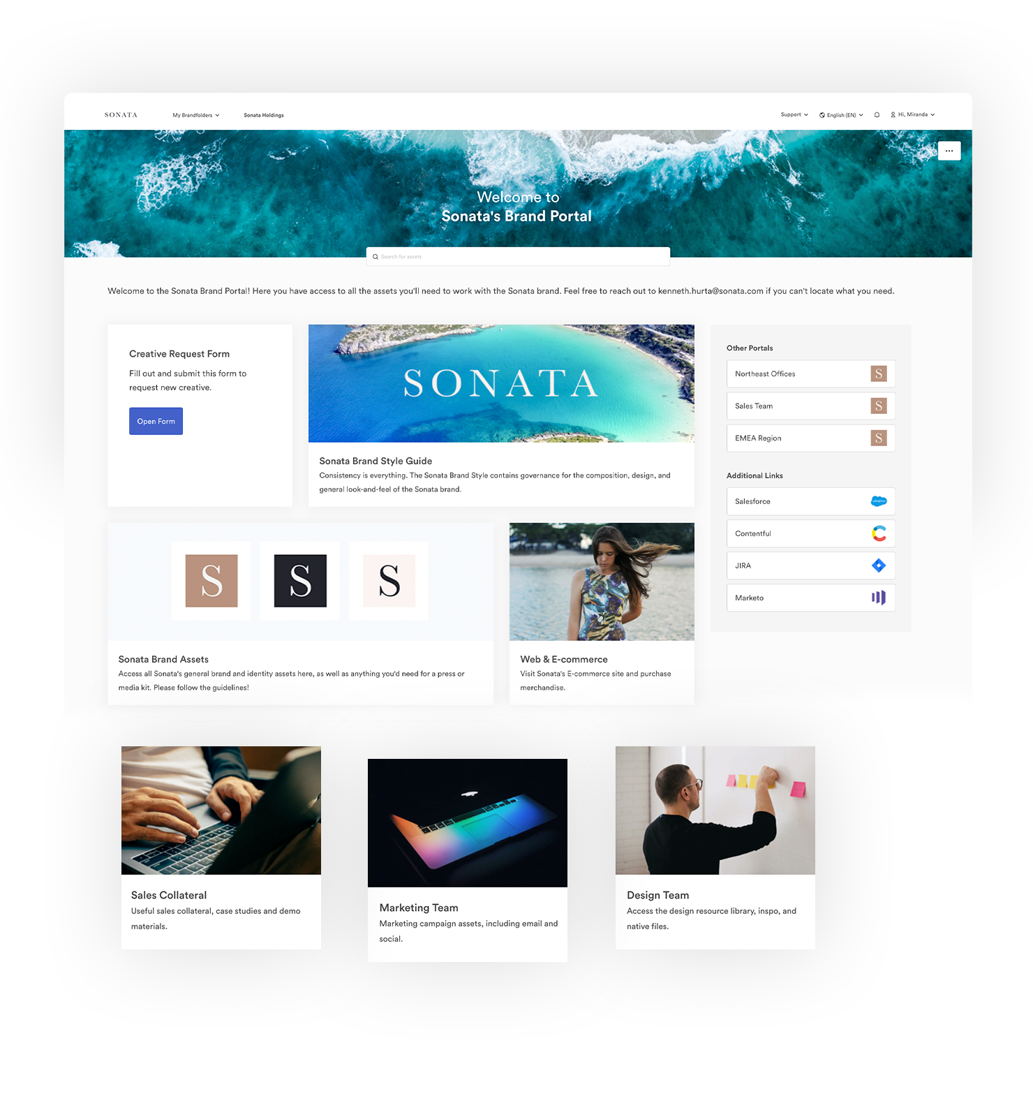 screenshot featuring Sonata's brand portal, showing tiles for Sales Collateral, Marketing Team and Design Team