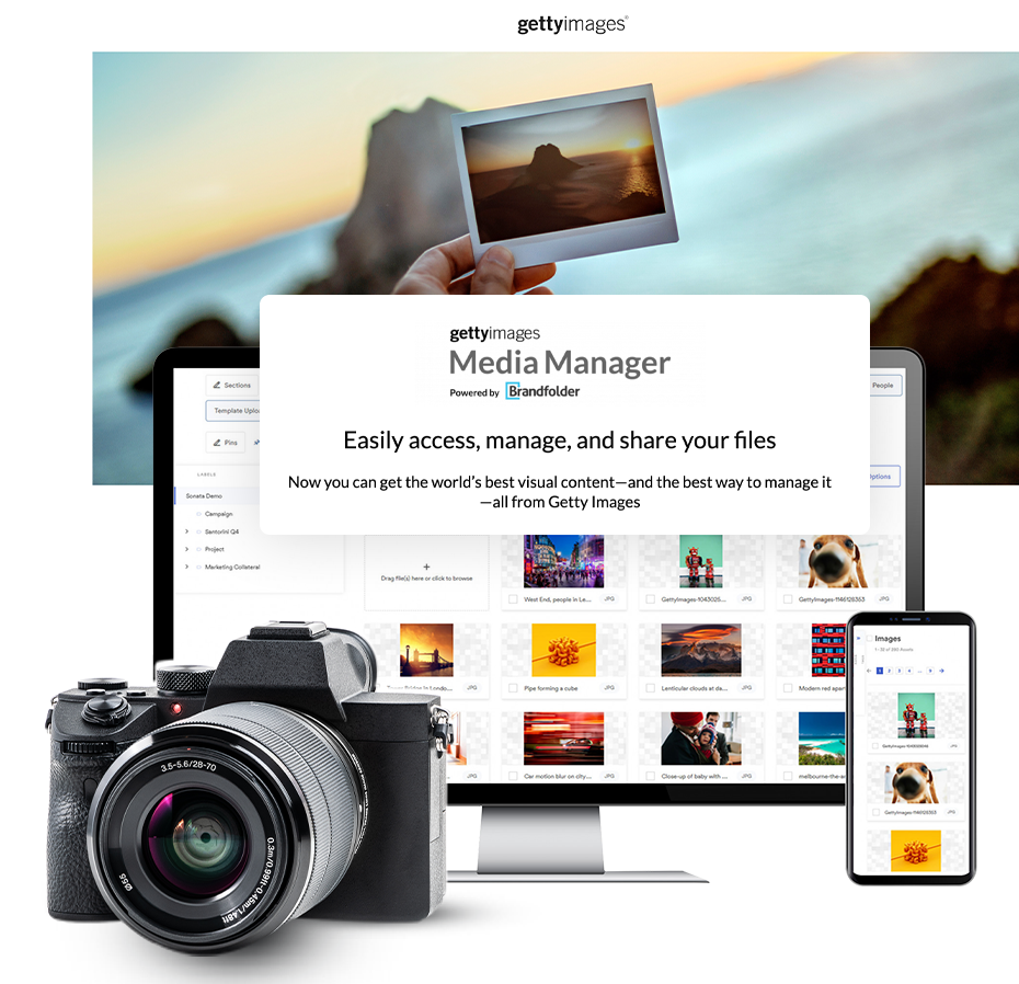 desktop with camera and Getty Images Media Manager by Brandfolder logo