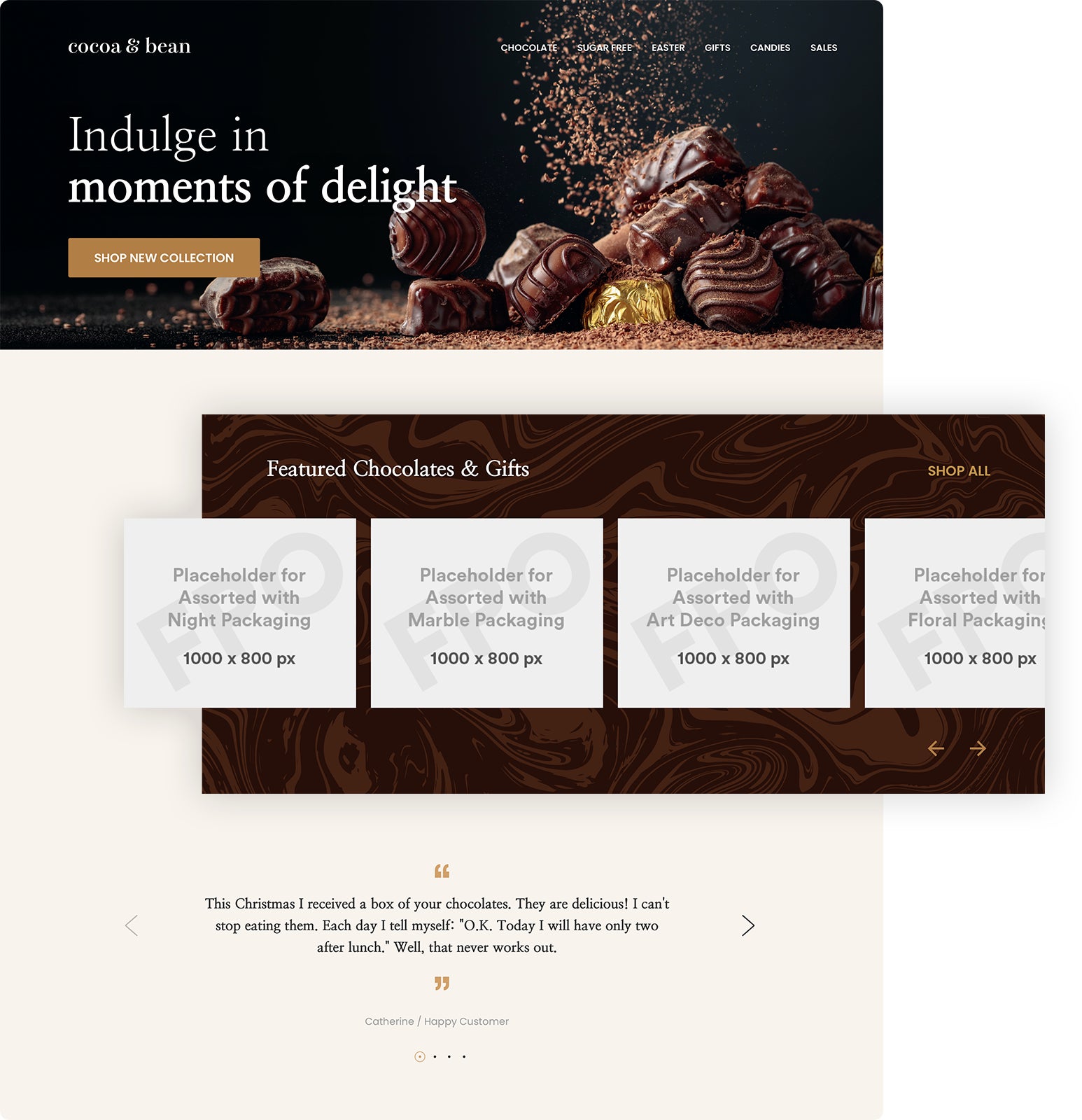 a chocolate e-commerce website displaying various placeholder images