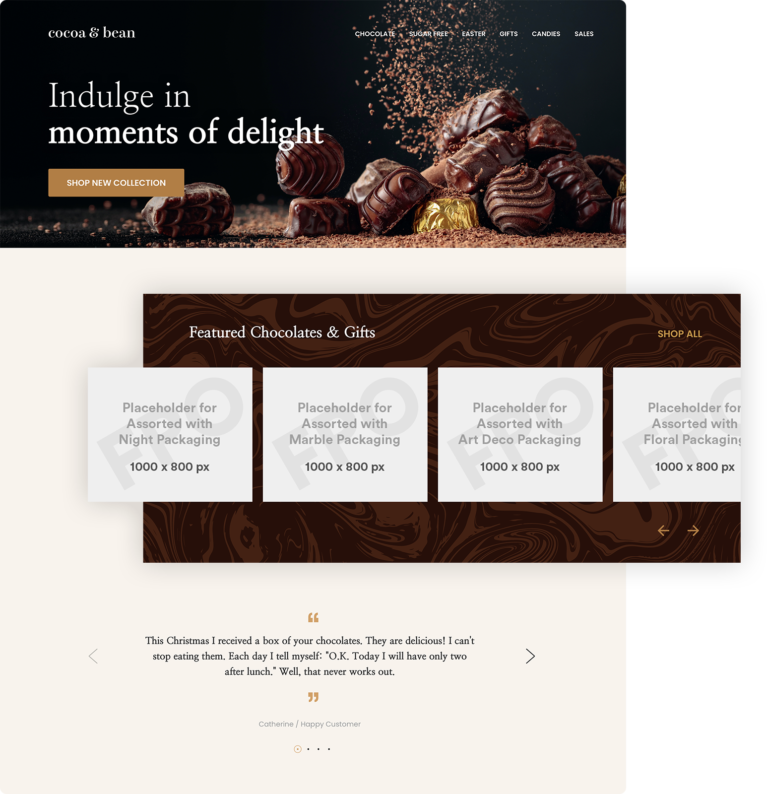 a website selling chocolates with a carousel of placeholder images that reference product name and placeholder size