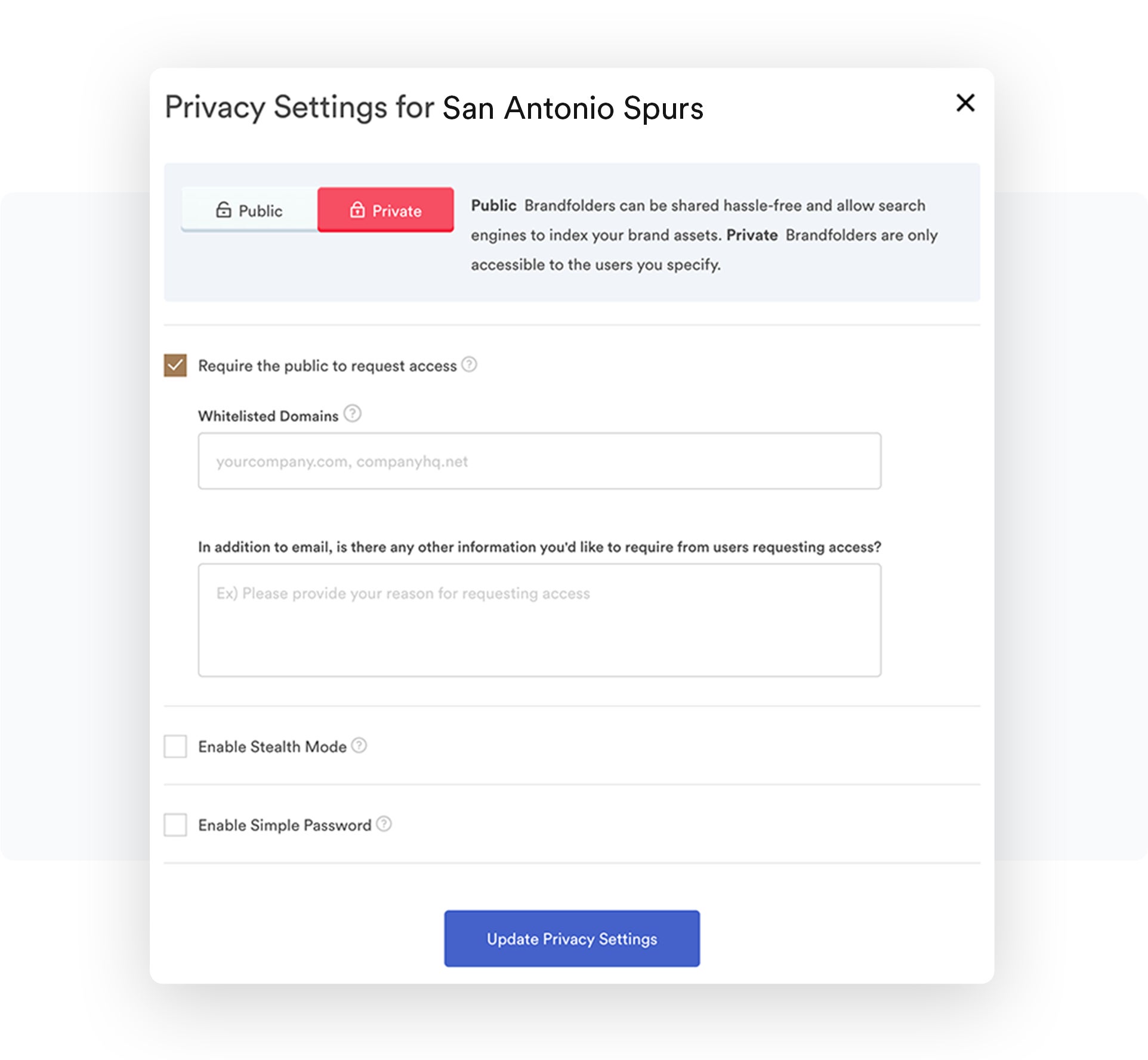 example Privacy Settings for the San Antonio Spurs