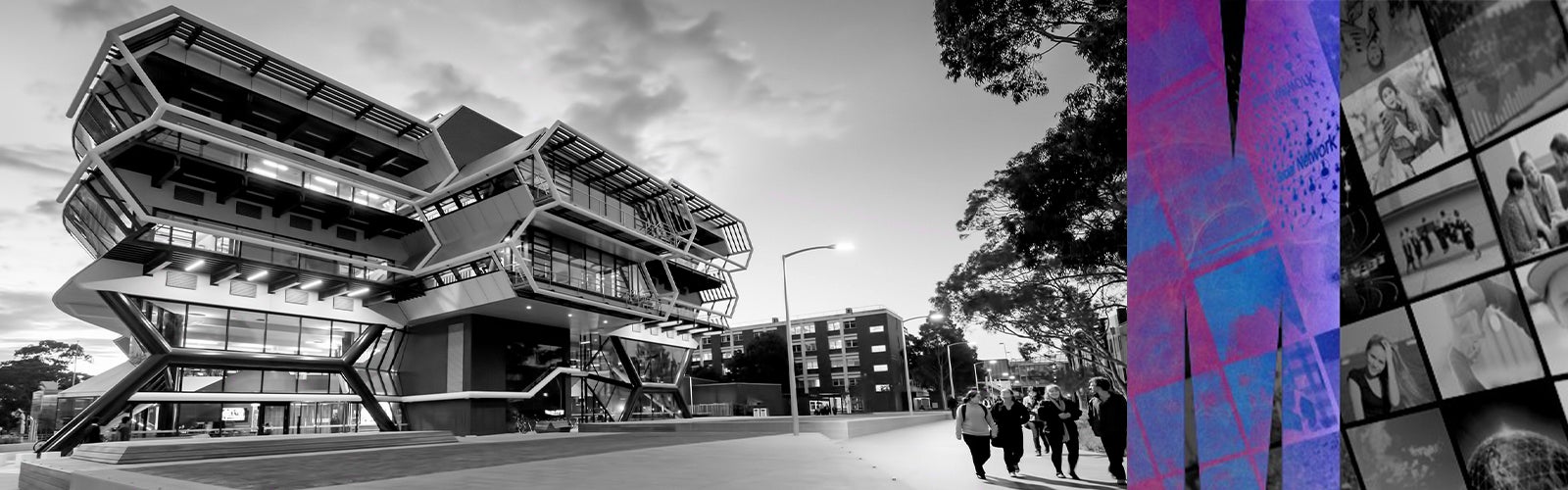 Black and white photo of Monash University with purple M on right side and collage of images on far right