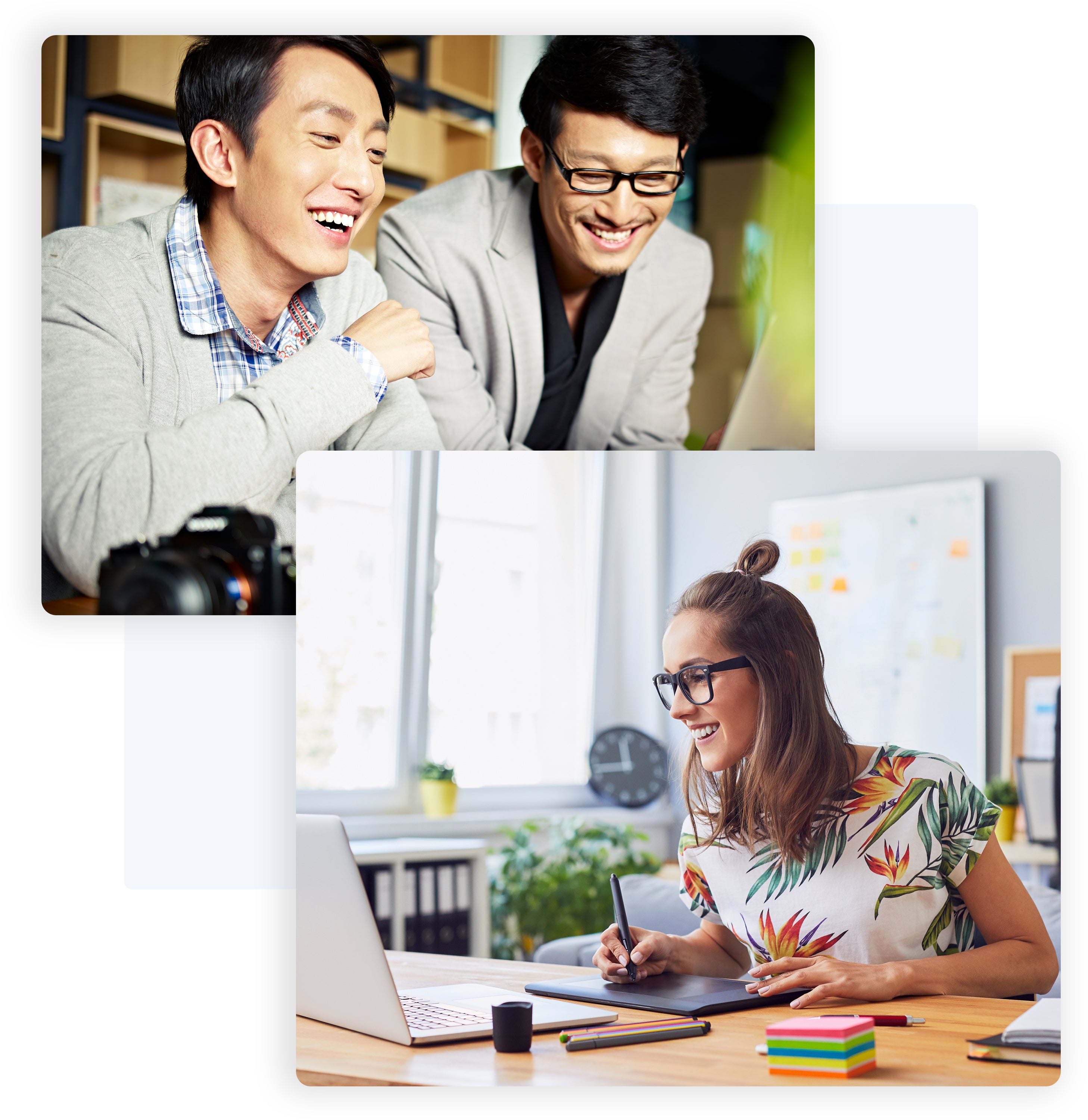 two men laughing and a woman smiling at her computer