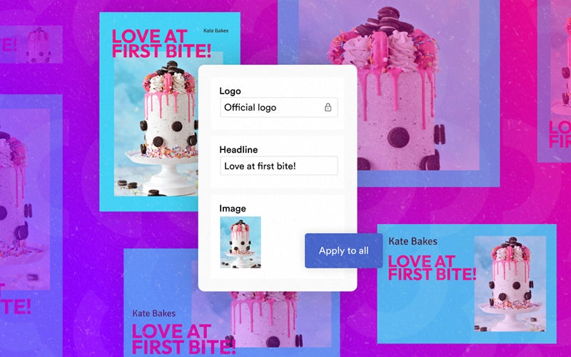 Collage of turquoise flyers that say "love at first bite" and have a cake on them. In the center, is a white box that has three fields: logo, headline and image. At the bottom of the box is a button that says "apply to all."