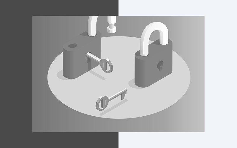 Two padlocks. One padlock has a key in it and is unlocked, the other one has a key moving towards it, but is locked.