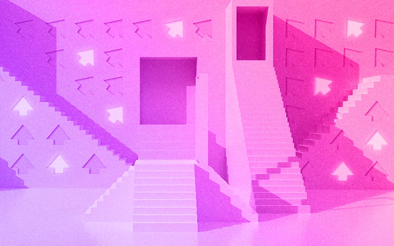 Stairs going up surrounded by arrows pointing upwards