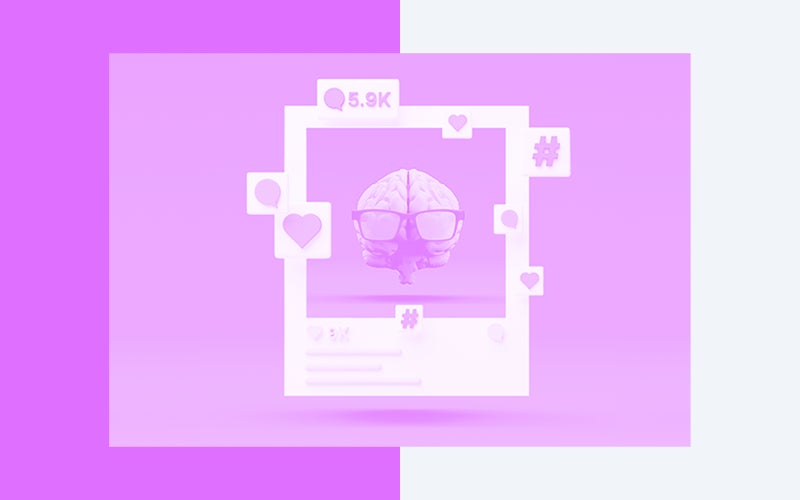 instagram上有一个戴着眼镜的3D大脑。Instagram上的帖子被标签、评论和爱心包围着。
