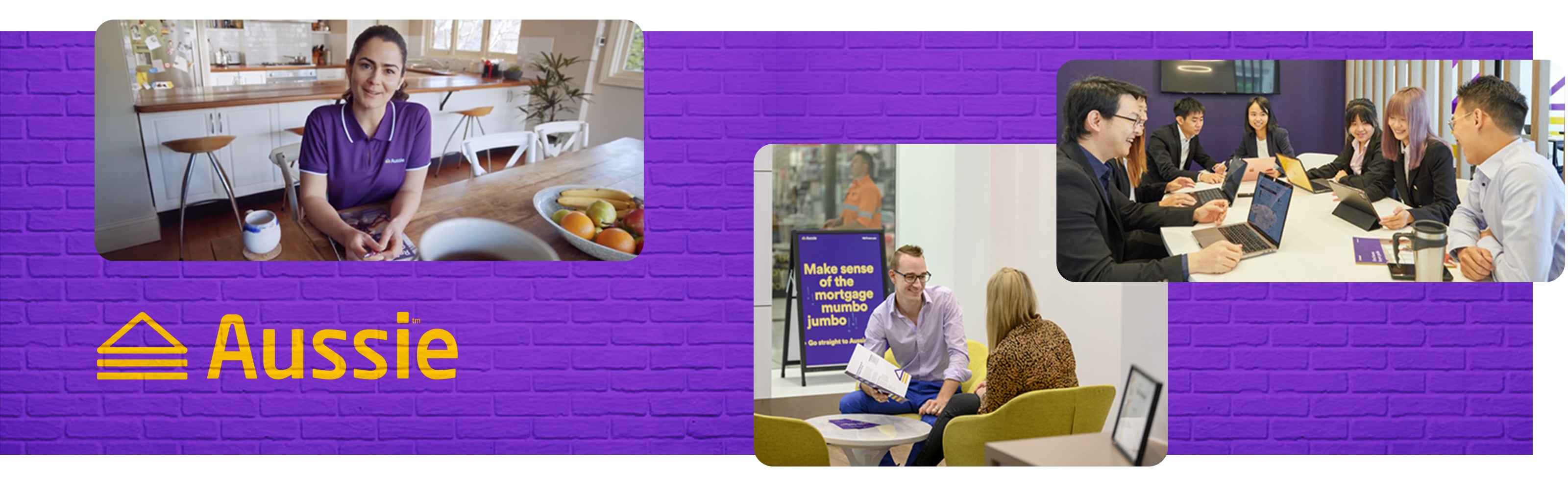 Collage of photos of Aussie Home Loans employees overlaid on top of a purple background with the Aussie logo on the left