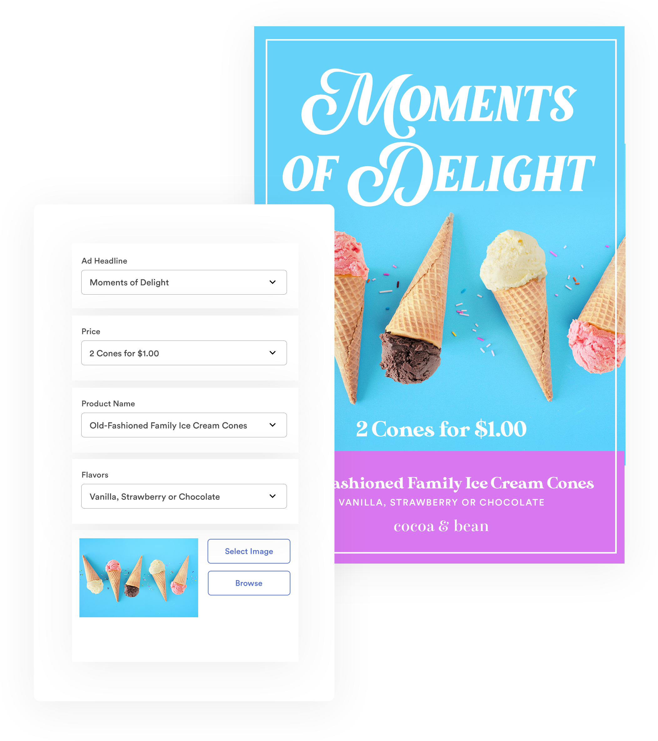 screenshot showing ice cream shop flyer with customizable copy