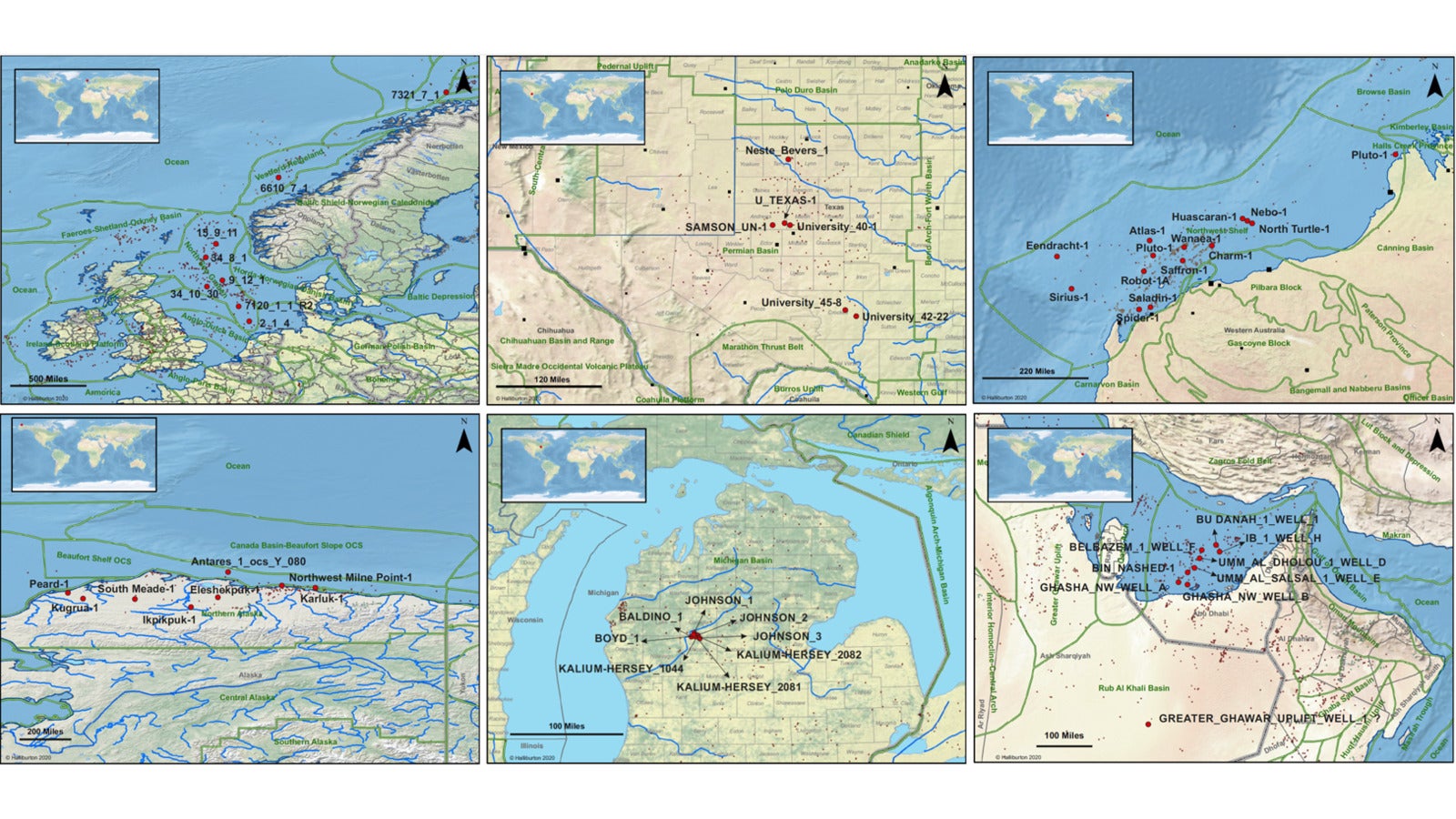 Locations of some training wells used within ML models