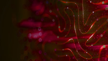 Abstract red and magenta waves with glowing dots on a dark background.