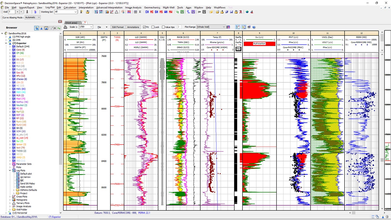 Log plotting functionality utilizing outputs from some of the core petrophysics interpretation modules.