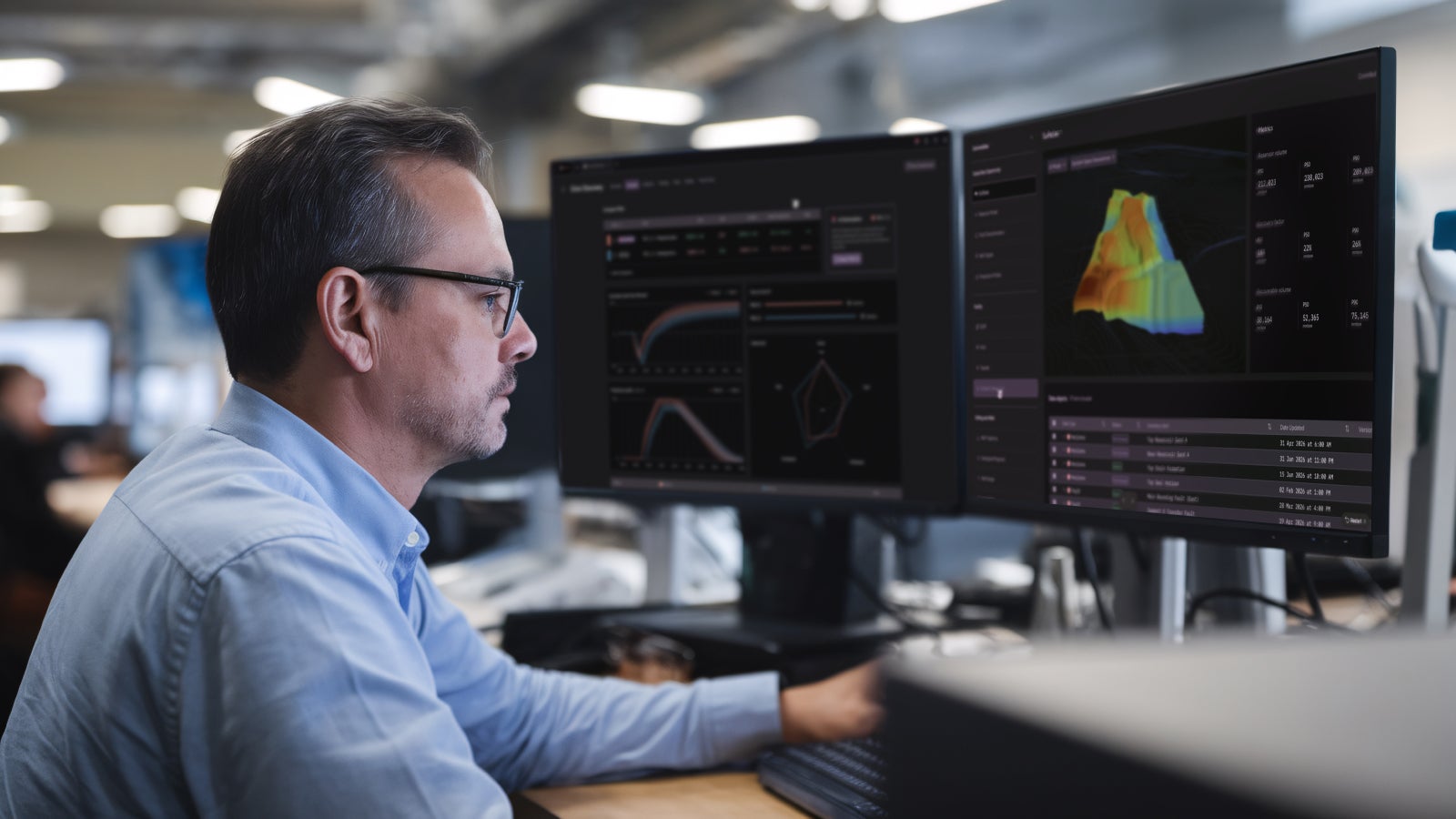 Energy professional analyzing operational data and subsurface models through an integrated decision support platform.