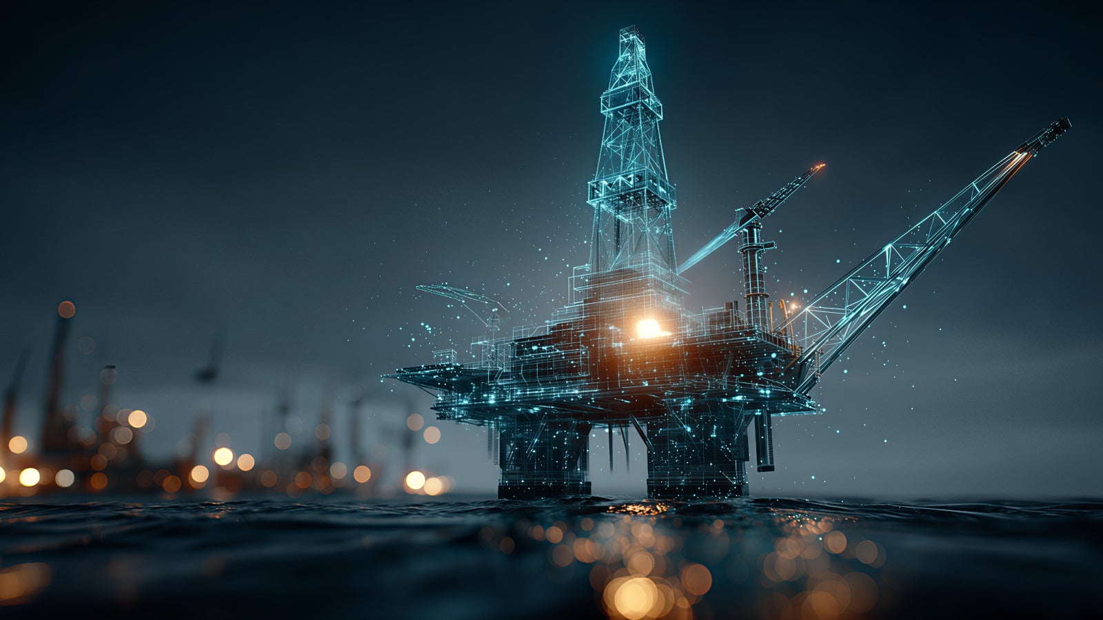 Offshore drilling platform with a digital wireframe overlay representing advanced drilling and energy technology.