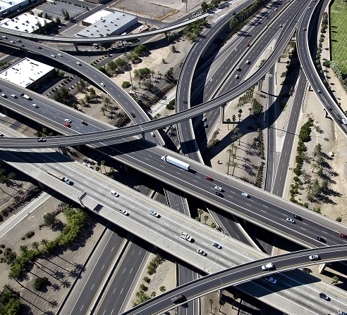 Overhead view of intersecting roads.