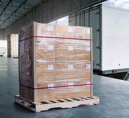 Pallet waiting to be shipped on a dock.