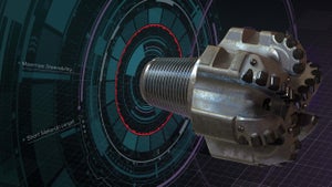 Drill bit render with overlaid 3D data points and elements. 