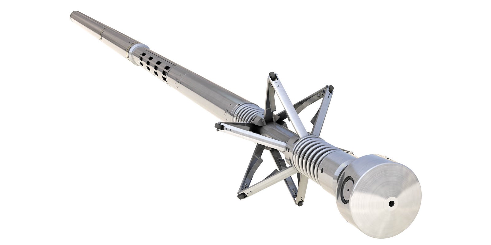 Long metallic mechanical tool with cylindrical sections and angled arms, displayed against a white background.