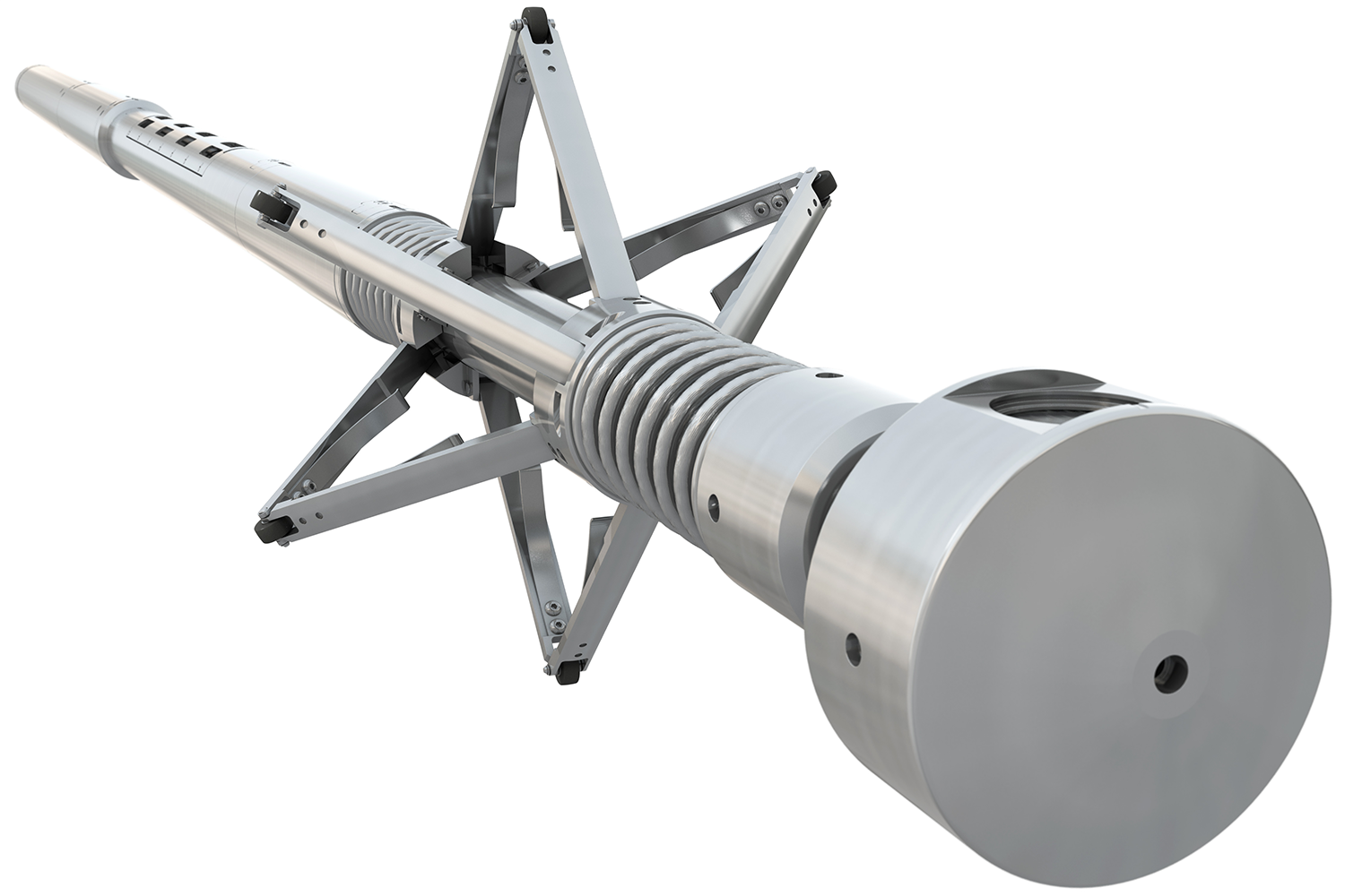 Long metallic mechanical tool with cylindrical sections and angled arms, displayed against a white background.