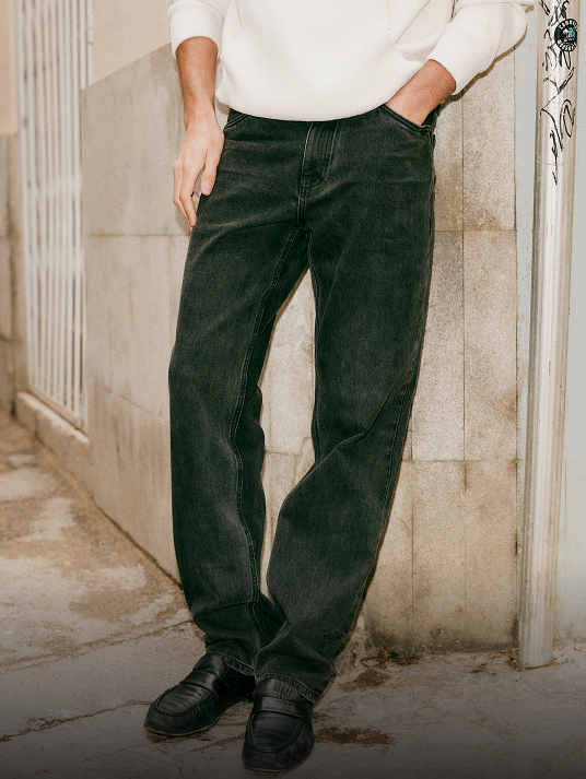 man wearing vuori denim