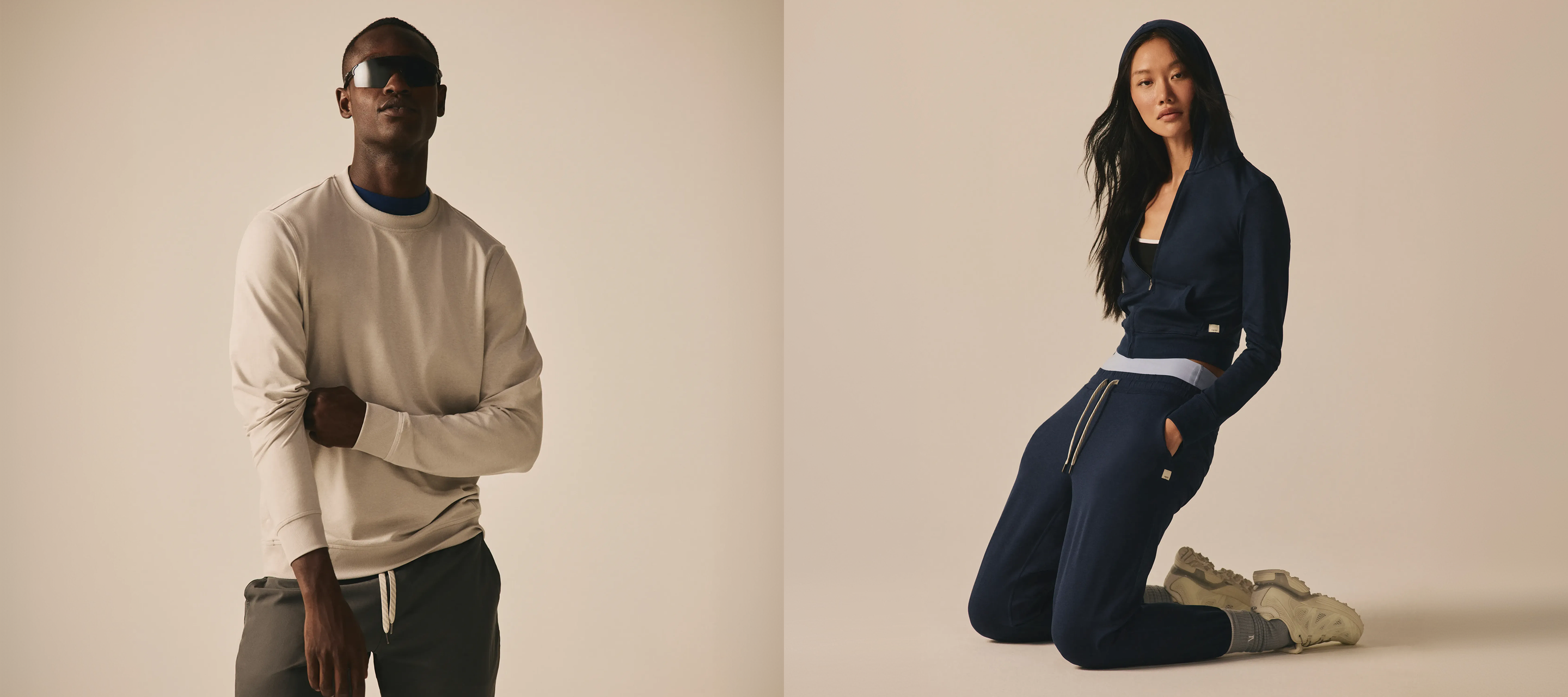man and woman wearing vuori dreamknit
