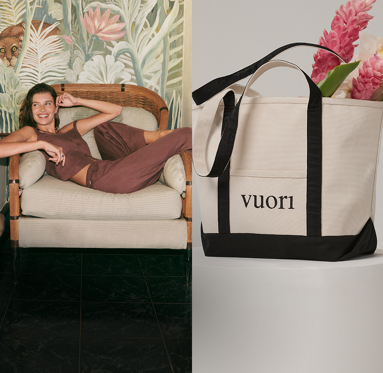 woman wearing vuori with tote bag 