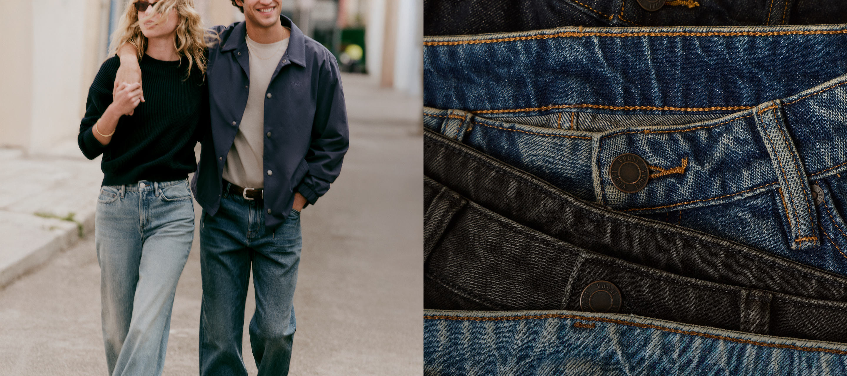 man and woman wearing vuori denim